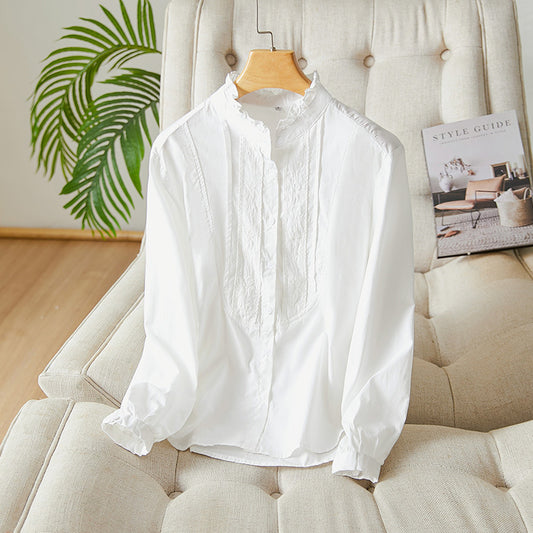 direct sales fungus collar long-sleeved white shirt women's 2025 new embroidered top temperament lady pure cotton shirt