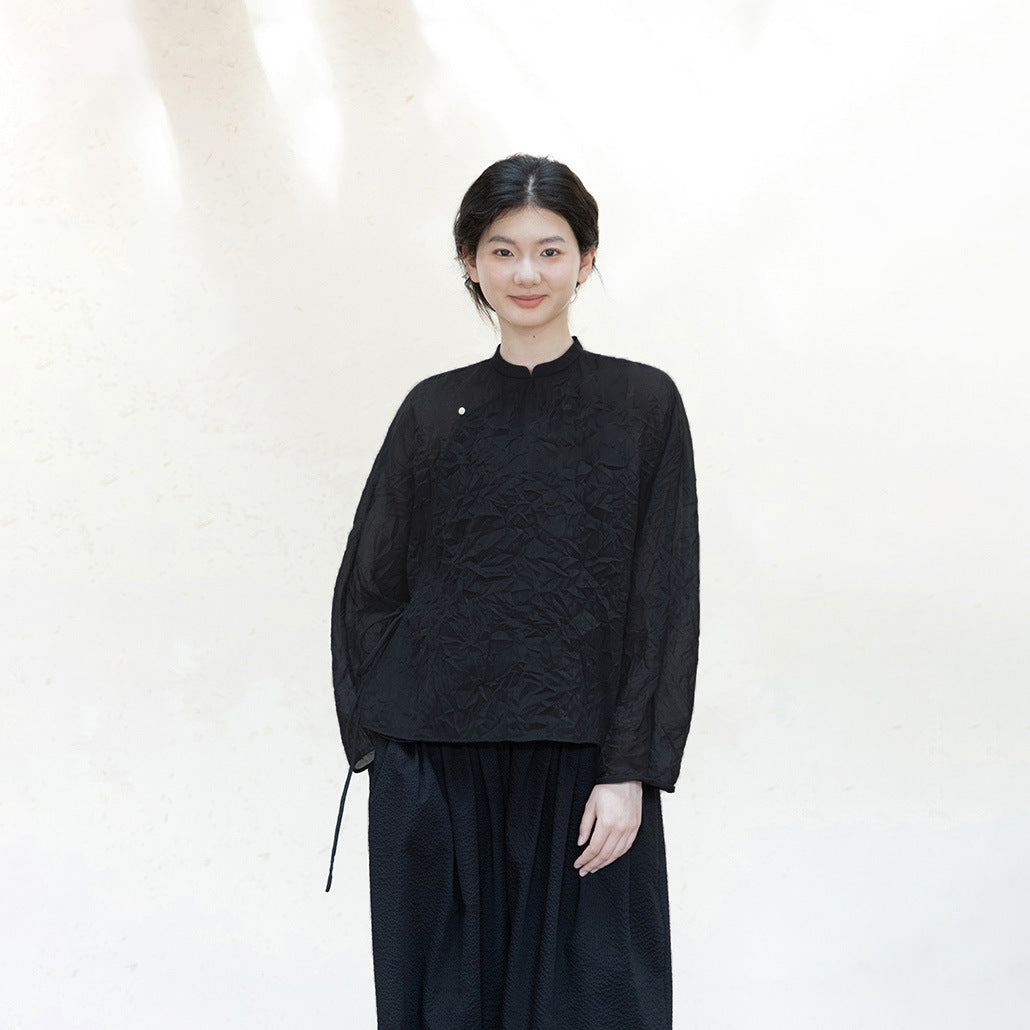 New Chinese spring and summer shirt, crepe black and white thin Chinese sunscreen shirt, improved long-sleeved top B0420