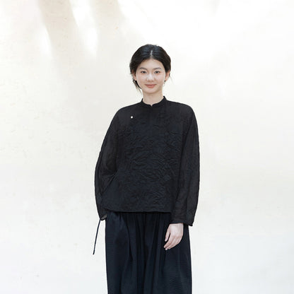 New Chinese spring and summer shirt, crepe black and white thin Chinese sunscreen shirt, improved long-sleeved top B0420