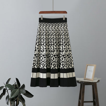 ZllKl In the autumn and winter of 2025, the new retro leopard print contrasting color knitted skirt for women's A-shaped pleated skirt with a large pendulum medium and long.