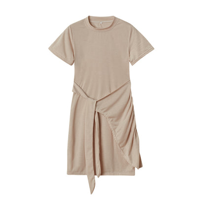 ZllKl  European and American  Popular Short Sleeve round Neck Pleated Bow Belt Irregular Dress