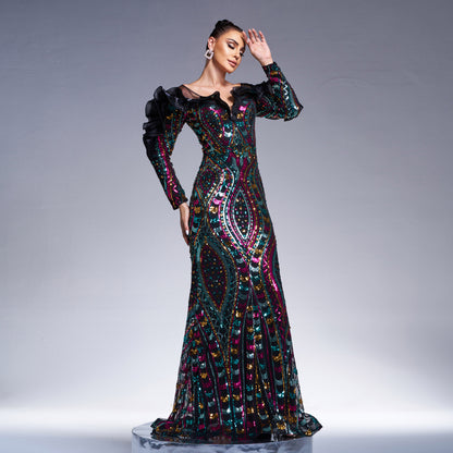 r 2025 new long-sleeved V-neck hollowed-out long sequined banquet fishtail evening dress bridesmaid dress women