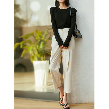 2025 Japanese thin crescent pants high-end nine-point pants casual pants women's thin elastic waist white gray women's clothing spring and summer