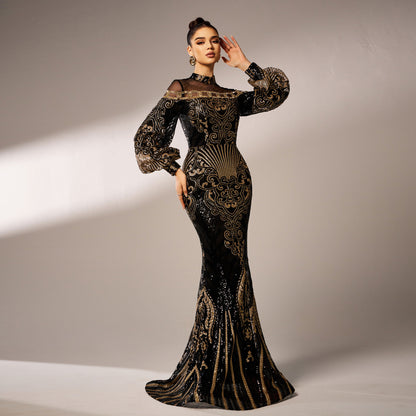 r 2025 new long-sleeved round neck long sequined banquet mesh fishtail evening dress bridesmaid dress women