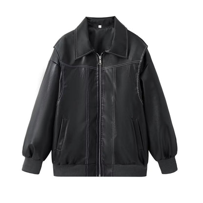 European and American cross-border women's clothing 2023 autumn and winter new PU leather couple loose American casual retro ruffian handsome locomotive leather jacket
