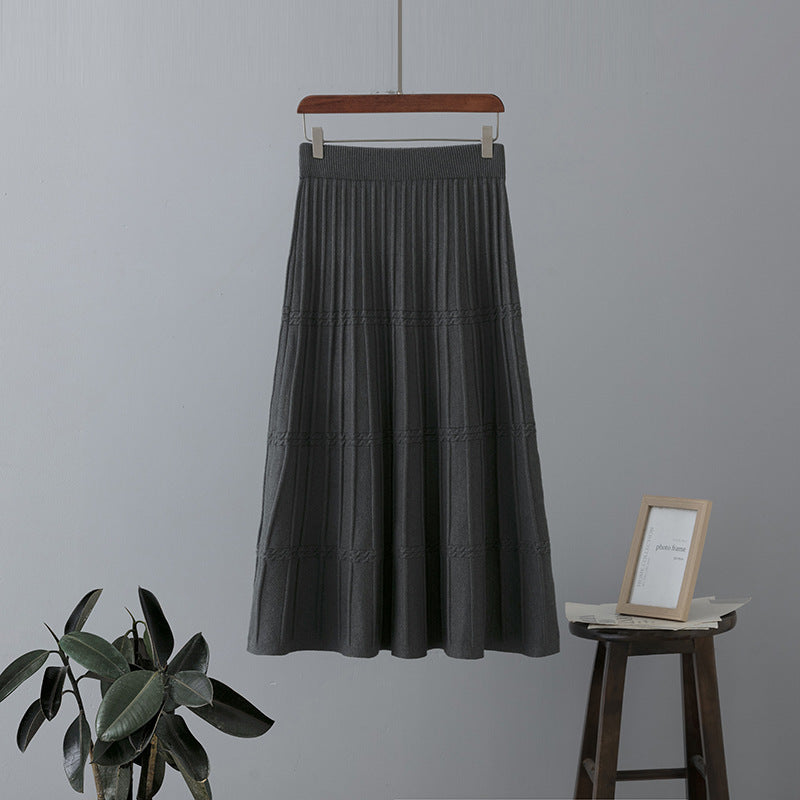 ZllKl Wool knitted skirt women's medium and long thickened autumn and winter new high-waisted and thin a-word pleated skirt big swing umbrella skirt