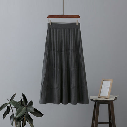 ZllKl Wool knitted skirt women's medium and long thickened autumn and winter new high-waisted and thin a-word pleated skirt big swing umbrella skirt