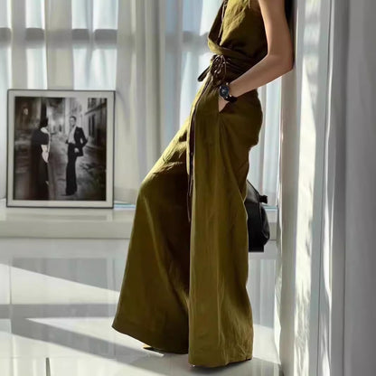 2025 New Chinese style national style buckle army green imitation linen vest wide-leg pants two-piece set design sense fashion set