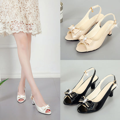 ZllKl  New Peep Toe Solid Color Sandals Summer Women's Chunky Heel High Heel Shoes Korean Style Fashion Bowknot Rhinestone Mid Heel Sandals
