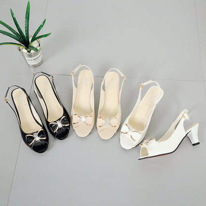 ZllKl  New Peep Toe Solid Color Sandals Summer Women's Chunky Heel High Heel Shoes Korean Style Fashion Bowknot Rhinestone Mid Heel Sandals