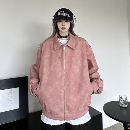 Real shot #Hong Kong style retro leather jacket women's 2023 autumn and winter new loose high street lapel baseball jacket tide
