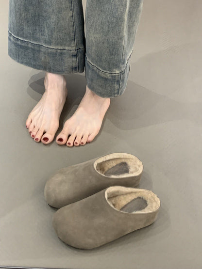 2025  Thick-bottomed small Mori girl retro big head ugly cute warm velvet bag head Birkenstock half slippers