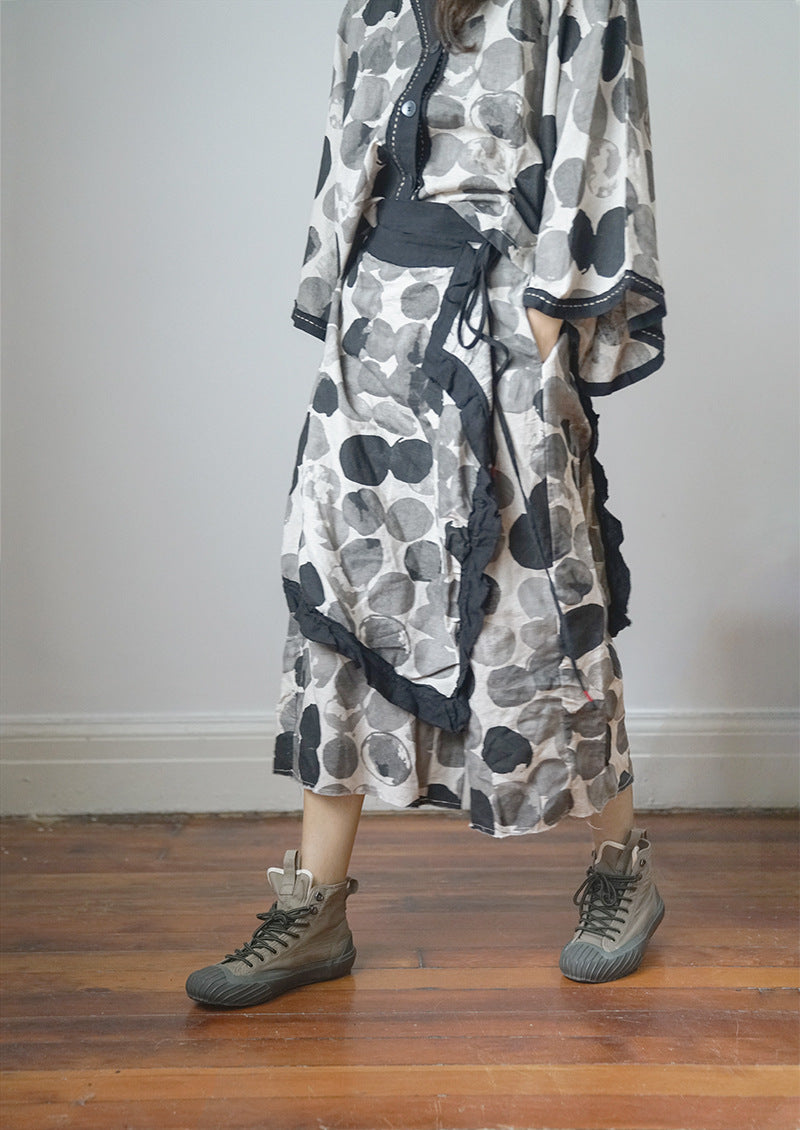 retro literary polka dot linen fisherman pants, personalized versatile and thin linen nine-point straight pants K21239