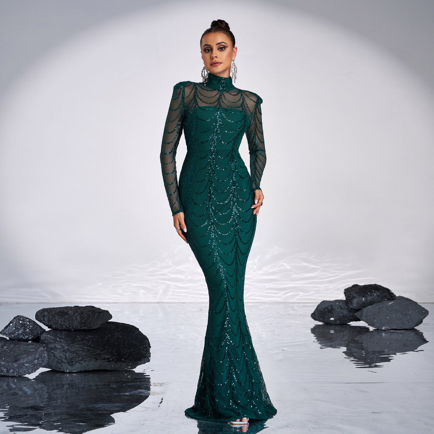 r long-sleeved black trailing dress 2025 new sexy perspective striped sequins long evening dress women