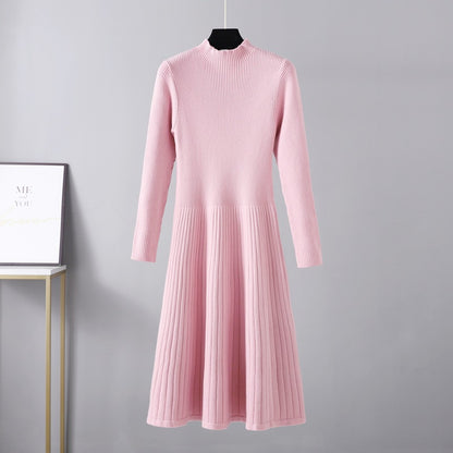 ZllKl Knitted semi-turtleneck dress for women, slim and thin in autumn and winter, thickened medium and long umbrella skirt, pink sweater skirt