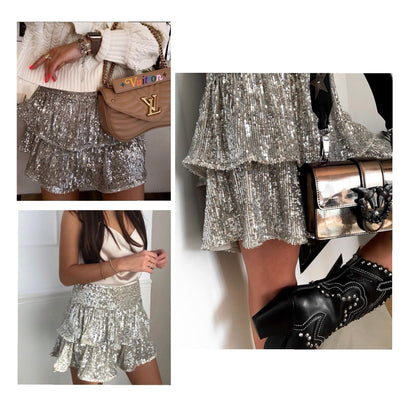 2025   new Spice Girl beaded skirt women's autumn  sequined sexy skirt solid color pleated skirt
