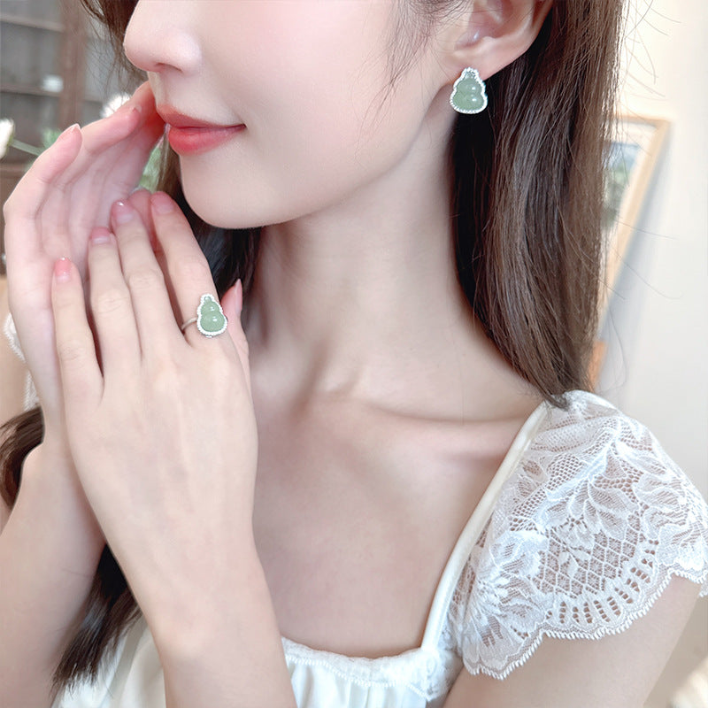 2025 Guofeng new Chinese imitation jade gourd Fulu stud earrings niche high-end micro-inlaid earrings open ring bracelet set