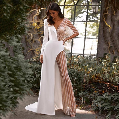 2025 New spring new  women's clothing, splicing V-neck lace irregular dress skirt solid color jumpsuit