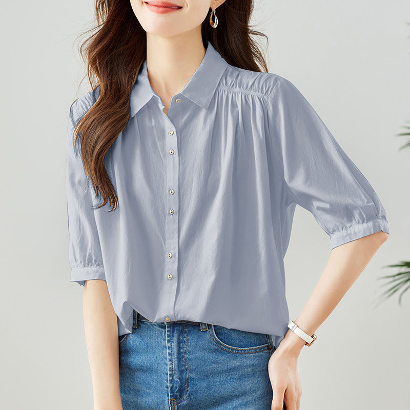 direct sales lapel single-breasted temperament lady shirt summer new shoulder pleated design niche top
