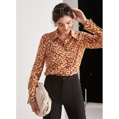 Silk shirt women's spring and summer  new design top loose outer wear long-sleeved niche printed shirt