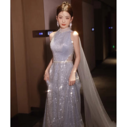 2025 Banquet evening dress 2025 new sequined art test high-end long dress blue neck bride return banquet toast dress