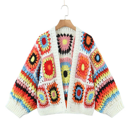 22 autumn and winter new European and American style fashion temperament women's clothing all handmade grandmother plaid loose cardigan knitted sweater