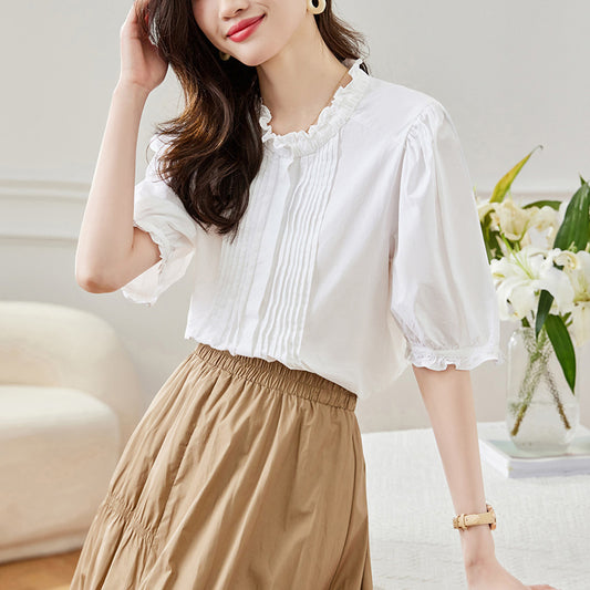 Cotton cocoon, fungus lace collar pleated white shirt women's short sleeves 2025 summer new design niche top