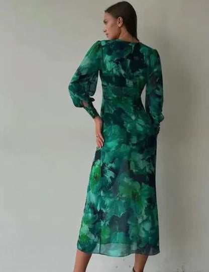 ZllKl  Cross-Border Spring and Summer New Women's Clothing Dress V-neck REDLEAF Printed Foreign Trade Dress Large Swing Skirt