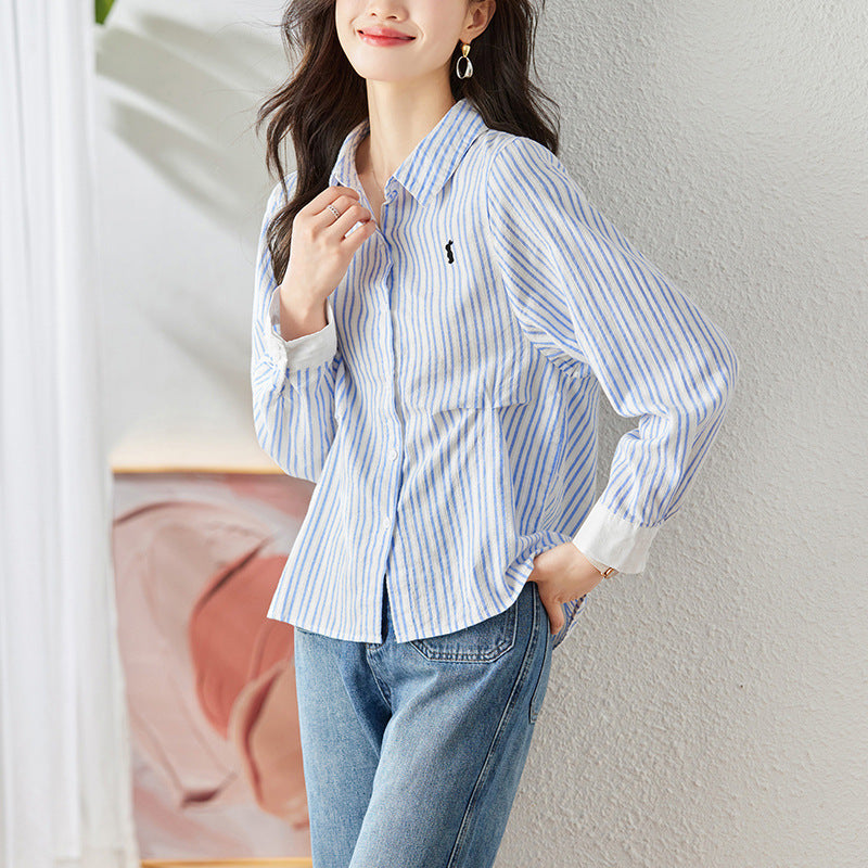 direct sales blue striped shirt women's long-sleeved spring and autumn clothes new casual top cartoon embroidered cotton shirt