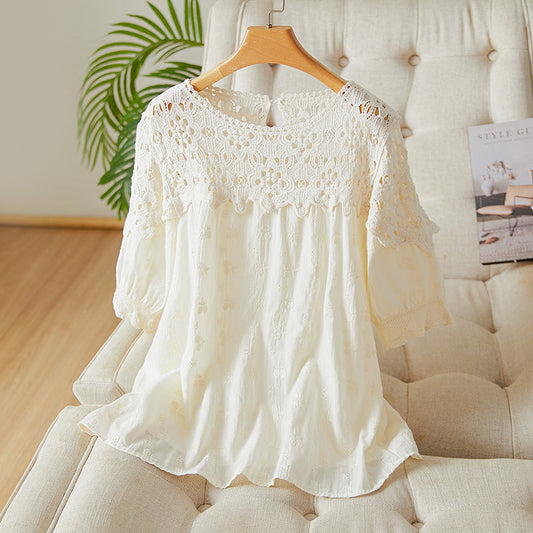 direct sales apricot sales lace hollow round neck shirt 2025 summer new temperament lady shirt