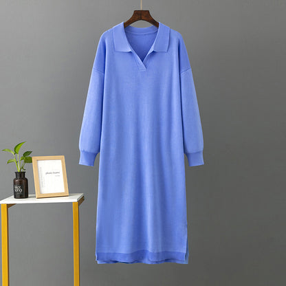 ZllKl 23 autumn and winter new  2025 Polo collar bottoming knitted long dress loose large size solid color women's dress