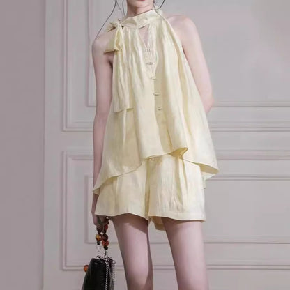 2025 Bamboo rhyme Zen, jasmine light yellow, Lyocell neck shirt + shorts set women's popular summer new