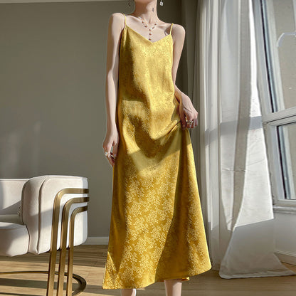 Summer New Acetate Sling Dress Women's Outer Wear V-neck Silk Printed Temperament Slim Looking Base Sexy Dress