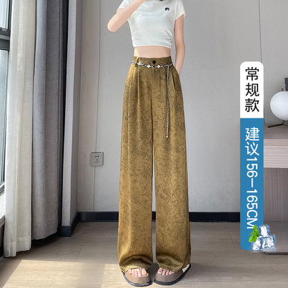 ZllKl  Jacquard Satin Wide-Leg Pants Women's Summer Thin New Chinese Style National Style High Waist Drooping Ice Silk Leisure Straight Suit Pants