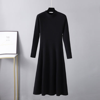 ZllKl Knitted semi-turtleneck dress for women, slim and thin in autumn and winter, thickened medium and long umbrella skirt, pink sweater skirt