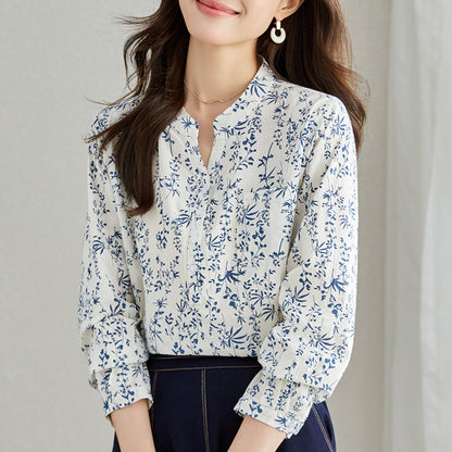 direct sales new Chinese style national style shirt women's pure cotton long-sleeved shirt women's new Chinese V-neck loose top women