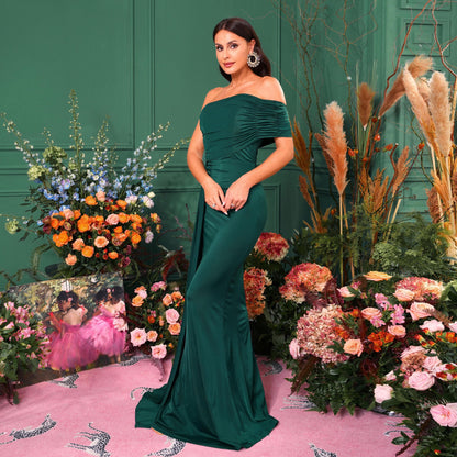 r 2025 chest wrapping temperament one-word collar sexy long banquet hip wrapping streamer evening dress bridesmaid dress