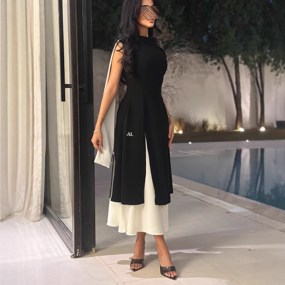 2025 spring and summer new 2025 Popular trade women's clothing Middle East New round neck color matching sleeveless slim temperament retro dress