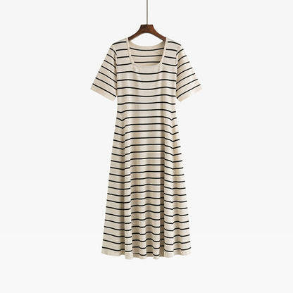 ZllKl  100.00kg plus Size Women's Clothing Square Collar Short Sleeve T-shirt Skirt  Summer Plump Girls Slimming Stripes Knitted Dress 22301