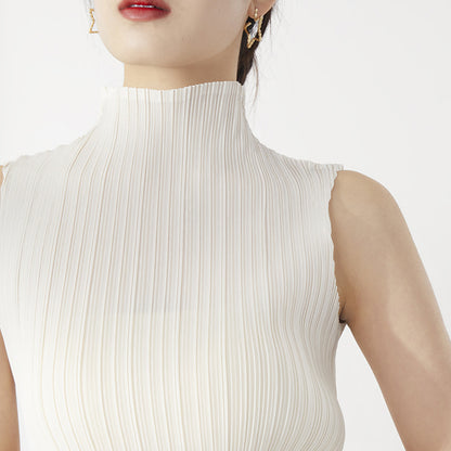 2025 Summer Women's Clothing Miyake Classic Small Vest Solid Color Temperament High Neck Slim Fit Versatile Sleeveless T-Shirt Folded Top