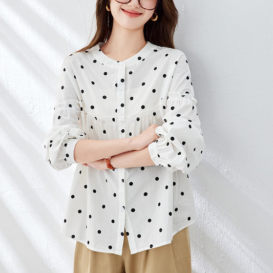 Cotton cocoon, polka dot round neck shirt women's long sleeves 2025 summer loose casual top wooden ear edge pure cotton shirt