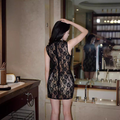 2025 Sexy nightclub temptation tight hip-wrapped sex milk cheongsam uniform lace perspective KTV bath overalls