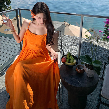 2025 vacation style orange suspender A-word dress summer dopamine vacation beautiful temperament waist long skirt