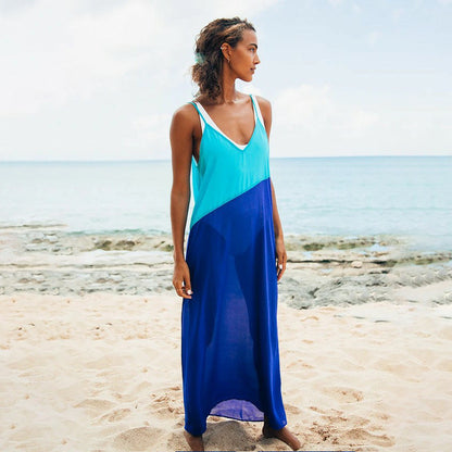 2025 Spring and summer  New sexy suspender backless high split contrasting chiffon shirt casual beach dress dress