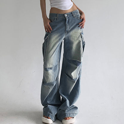 2025 Street Washed White Side Multi-Pocket Wide-Leg Jeans Women's Low Waist Loose Slimming Pleated Trousers Spring