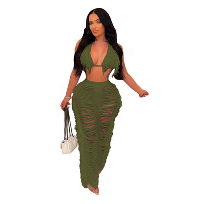 2025 supply New  women's clothing Solid color bikini fringed knitted beach pants suit Sexy and fresh