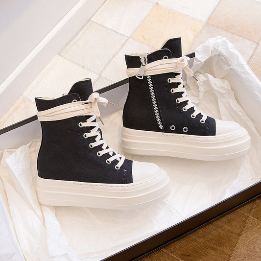 ZllKl New RO Platform High-Top Shoes Women's Side Zip Canvas Lace up Increased Casual Sneaker Student Platform Shoes