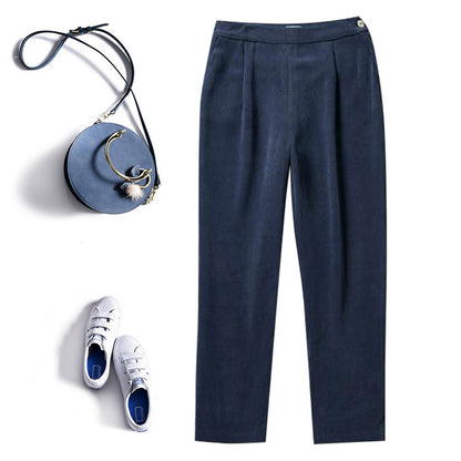 2025 Heavy silk nine-point pants  spring new women's pants, mulberry silk blue slim-fit straight casual pants