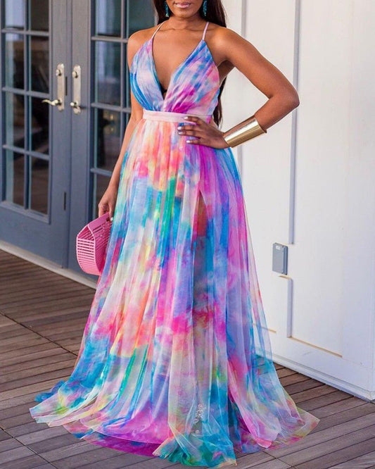 2021 spring and summer new 2025 Popular trade printing pendulum mesh dress commuting 2025 large-size women's dress