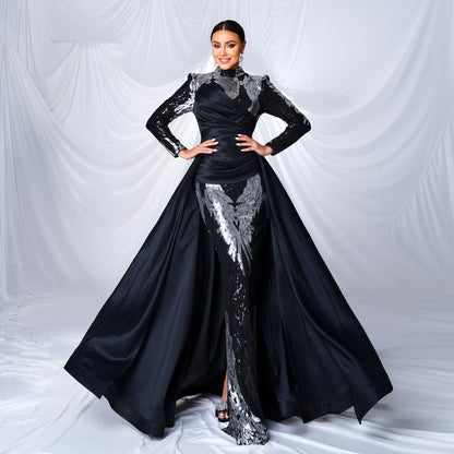 r 2025 high-end long-sleeved temperament round neck long sequined banquet fishtail evening dress bridesmaid dress women